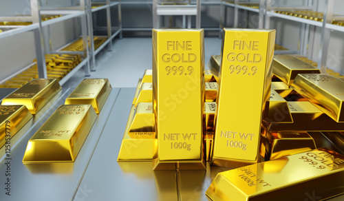 Gold bars lie on shelves. R...