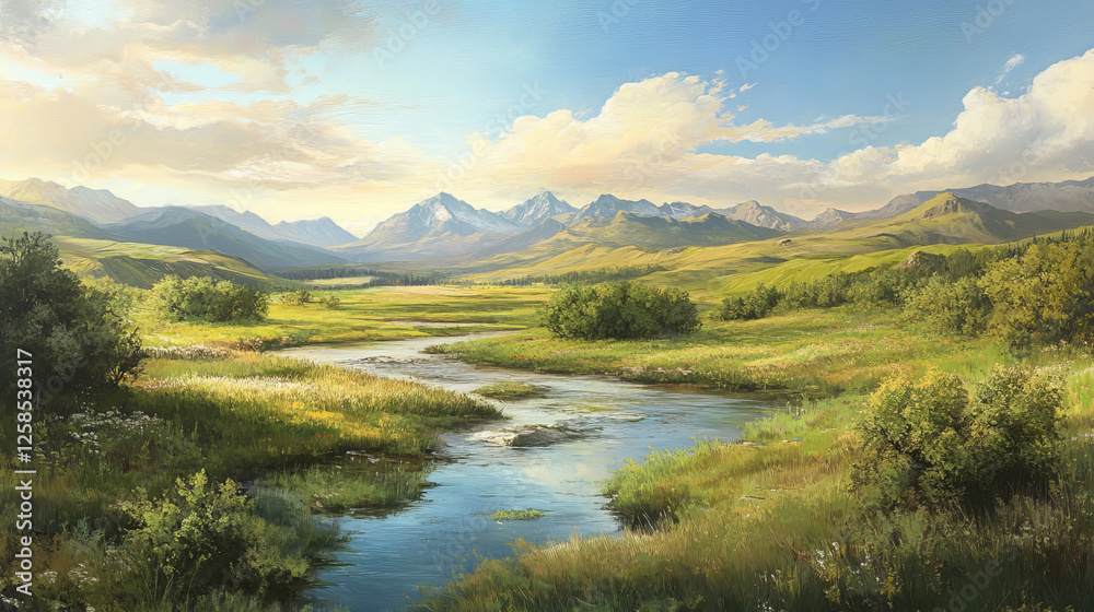Obraz premium Summer landscape of valley with river, green grass, bushes, and mountains on horizon. Vector cartoon illustration of nature scene with water stream, meadow, and rocks