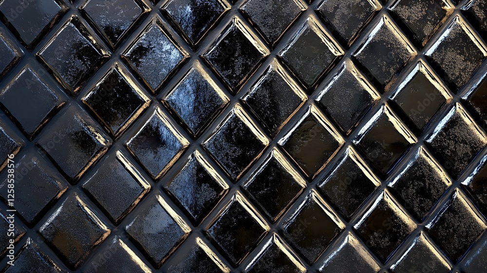 Fototapeta premium Abstract Black Rhombus Tile Pattern Background, Glossy and Smooth Surface Texture, Modern Elegant Design