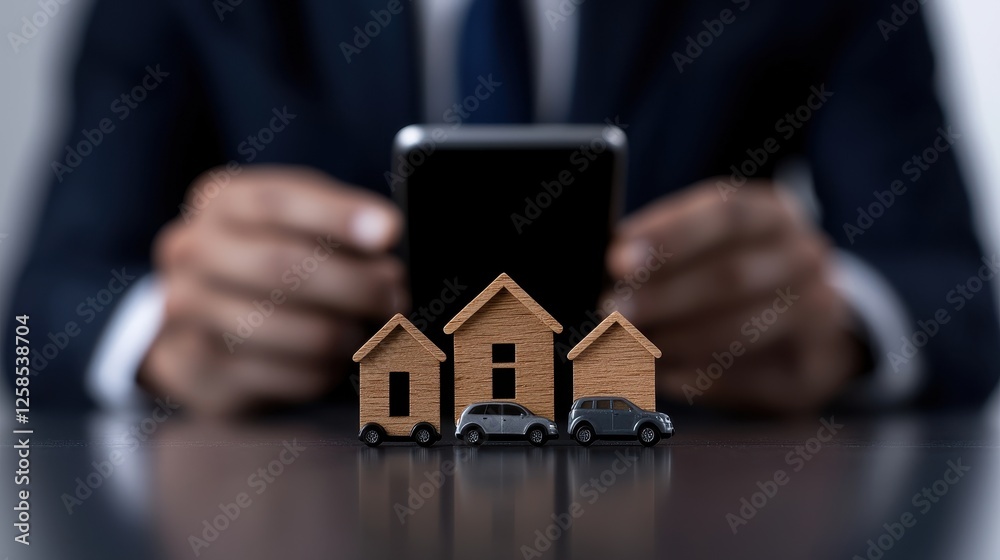 Businessman using smartphone with miniature houses and cars on a desk. Businessman using smartphone with miniature houses and cars on a desk.