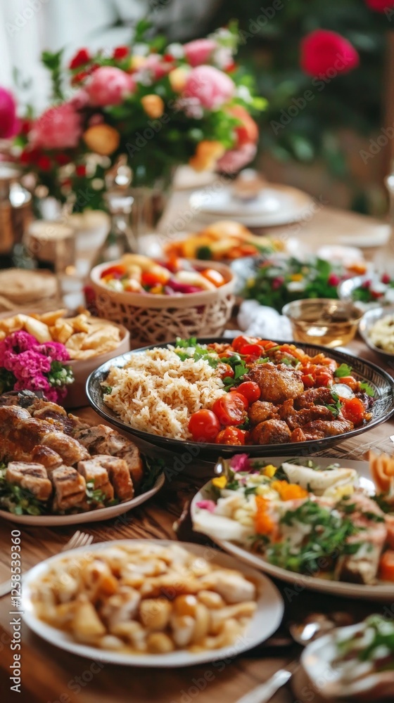 Fototapeta premium Gathered around a beautifully arranged table, family and friends enjoy a lavish Eid dinner filled with vibrant dishes, fresh fruits, and festive decorations, all celebrating the spirit of Ramadan