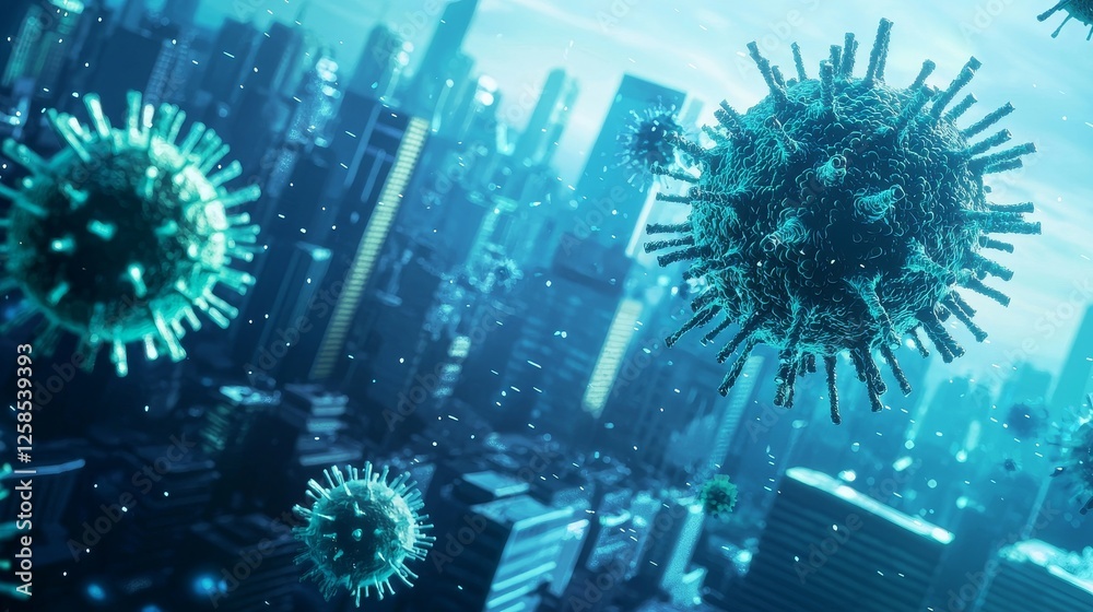 Obraz premium Virus spread simulation over urban landscape city environment digital art scientific visualization aerial perspective health concept