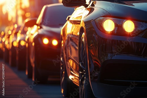 A row of black cars with taillights on at sunset, parked along the street. T