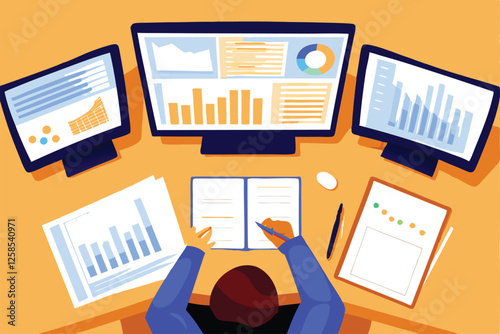 A focused data analyst meticulously examines graphs and data tables at a modern desk, illuminated by soft office lighting.