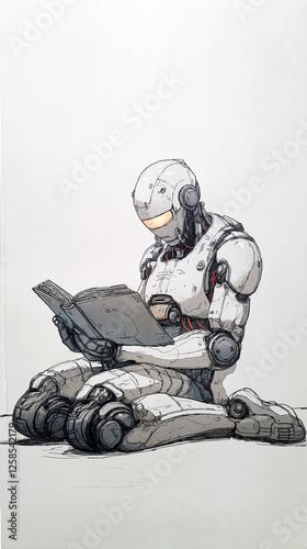 White Robot red cables Reading hardcover comic book Focused Expression