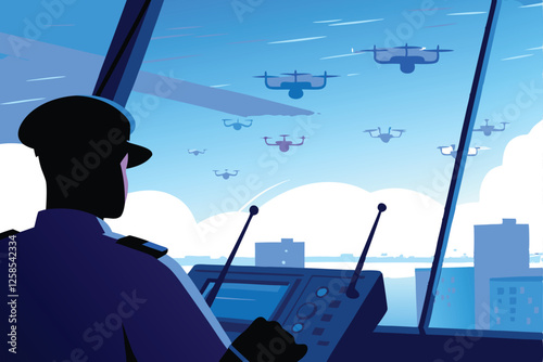 A focused delivery drone operator skillfully navigates a complex control panel, managing multiple aerial deliveries simultaneously.
