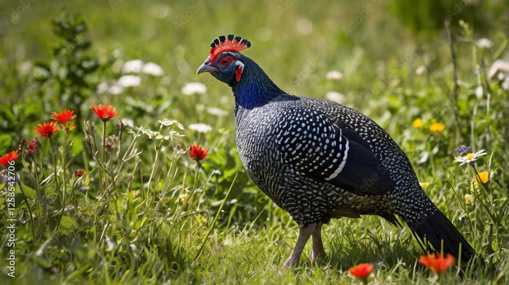 A vibrant guinea fowl standing in a lush green meadow ai A vibrant guinea fowl standing in a lush green meadow ai