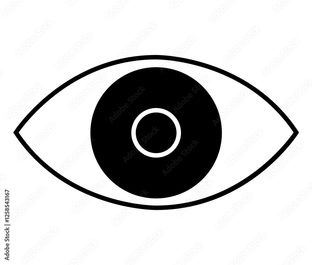 Simplistic eye icon with a circular pupil, black and white color scheme. Ideal for security, vision, surveillance, awareness, technology, UIUX, digital design. Landing page Simplistic eye icon with a circular pupil, black and white color scheme. Ideal for security, vision, surveillance, awareness, technology, UIUX, digital design. Landing page