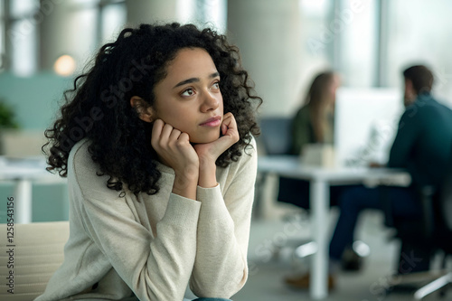 Thoughtful Woman In Modern Office Setting with Neutral Backgrounds and