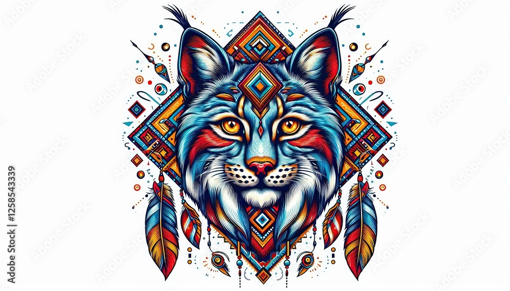 Geometric lynx portrait with bright tribal-inspired patterned background Geometric lynx portrait with bright tribal-inspired patterned background