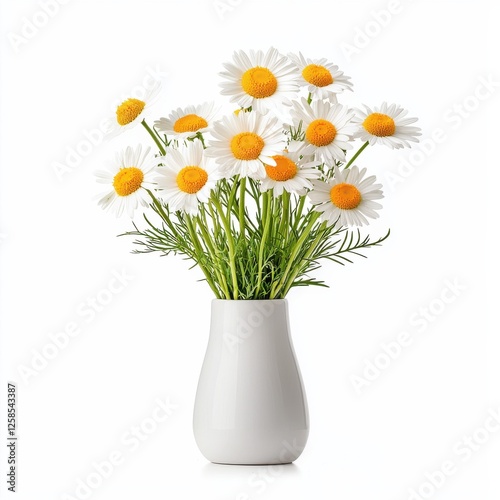 Wallpaper Mural A bright white vase holds a cheerful bouquet of daisies, featuring white petals and vibrant yellow centers, surrounded by lush green leaves. Torontodigital.ca