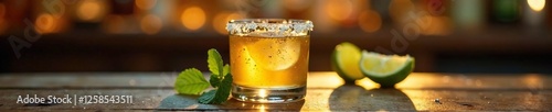 Tequila cocktail on wooden table with salt rimmed glass, flavorful, glass