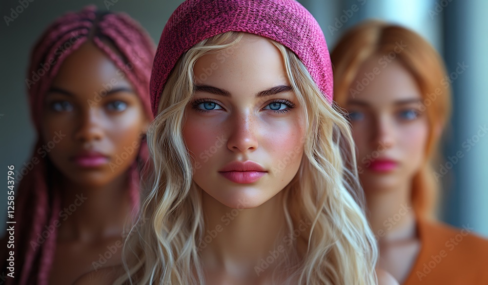 Fototapeta premium Close-Up of Three Women with Unique Hairstyles and Accessories