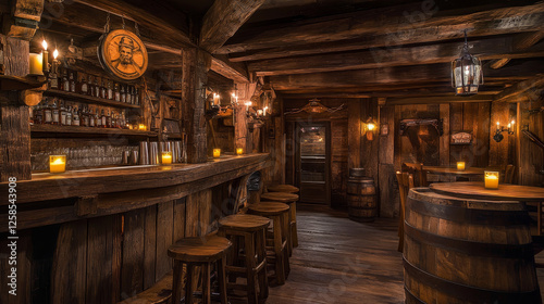 Empty dark western tavern at night. Cartoon vector cowboy saloon interior in dusk with light from candle on wooden bar counter, entrance door and table with chair, wood barrels and cups with beer.