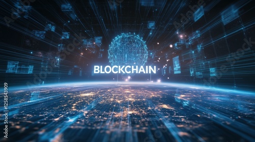 Within a captivating futuristic universe, a radiant blockchain structure glows, casting light on the planet below while showcasing advanced technology and digital connections