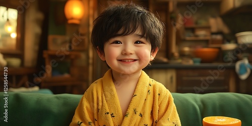 Happy young boy in a yellow shirt laughing joyfully outdoors, capturing a moment of childhood happiness in Thailand.