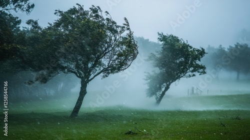 Trees bending in strong wind and rain.