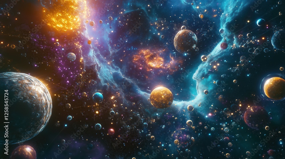 Fototapeta premium A sprawling cosmic blockchain network is illustrated amidst countless planets and vibrant galaxies. This visual representation showcases the complexity of interstellar connectivity and technology