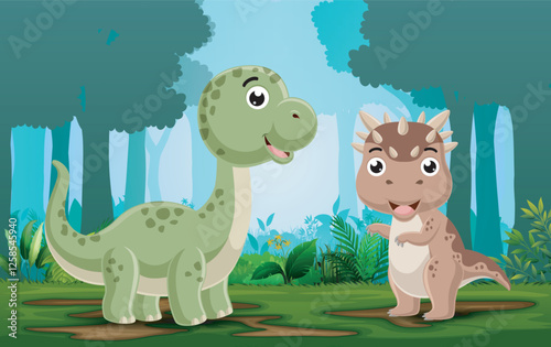 Brontosaurus and Ankylosaurus cartoon in the jungle