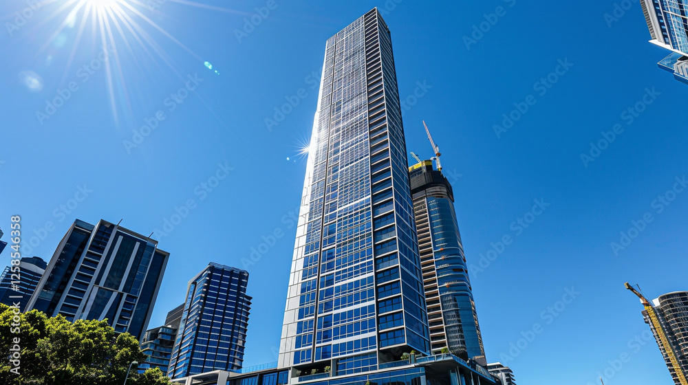 A futuristic high-rise building with sleek, modern architecture, its rooftop covered in large solar panels absorbing sunlight, clear blue sky A futuristic high-rise building with sleek, modern architecture, its rooftop covered in large solar panels absorbing sunlight, clear blue sky