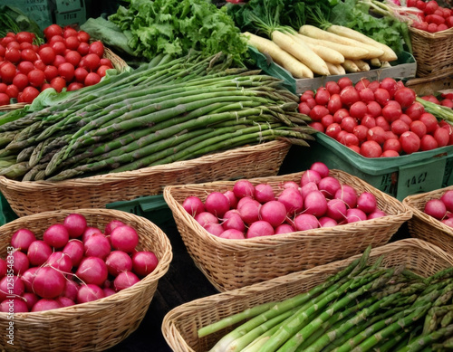 Fresh spring vegetables at a farmer’s market – vibrant, colorful produce like radishes, asparagus, and leafy greens displayed in woven baskets.