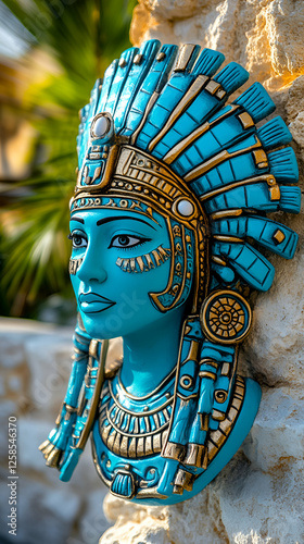 Wallpaper Mural Ancient Queen Bust, Turquoise & Gold Headdress, Intricate Detailing, Majestic Pose, Vibrant Colors Torontodigital.ca