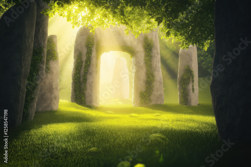 Mysterious ancient stone circle illuminated by sunlight in dense forest landscape
