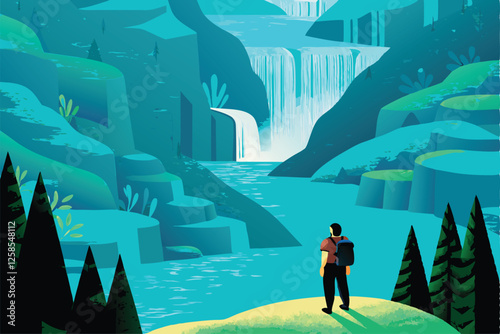 Create a vibrant vector background featuring towering, dramatic mountain cliffs ideal for adventure-themed designs.  Include a sense of scale and rugged terrain.