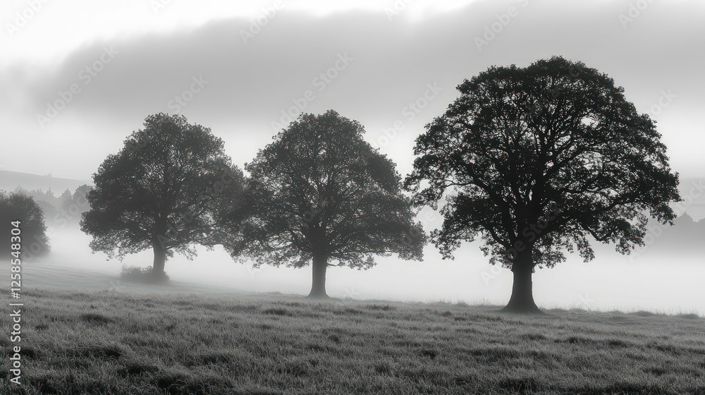 Misty morning, three trees stand silhouetted in a field. Misty morning, three trees stand silhouetted in a field.