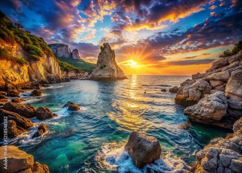 Vintage Sunset Seascape: Rocky Shore, Limestone Cliffs, Dramatic Ocean