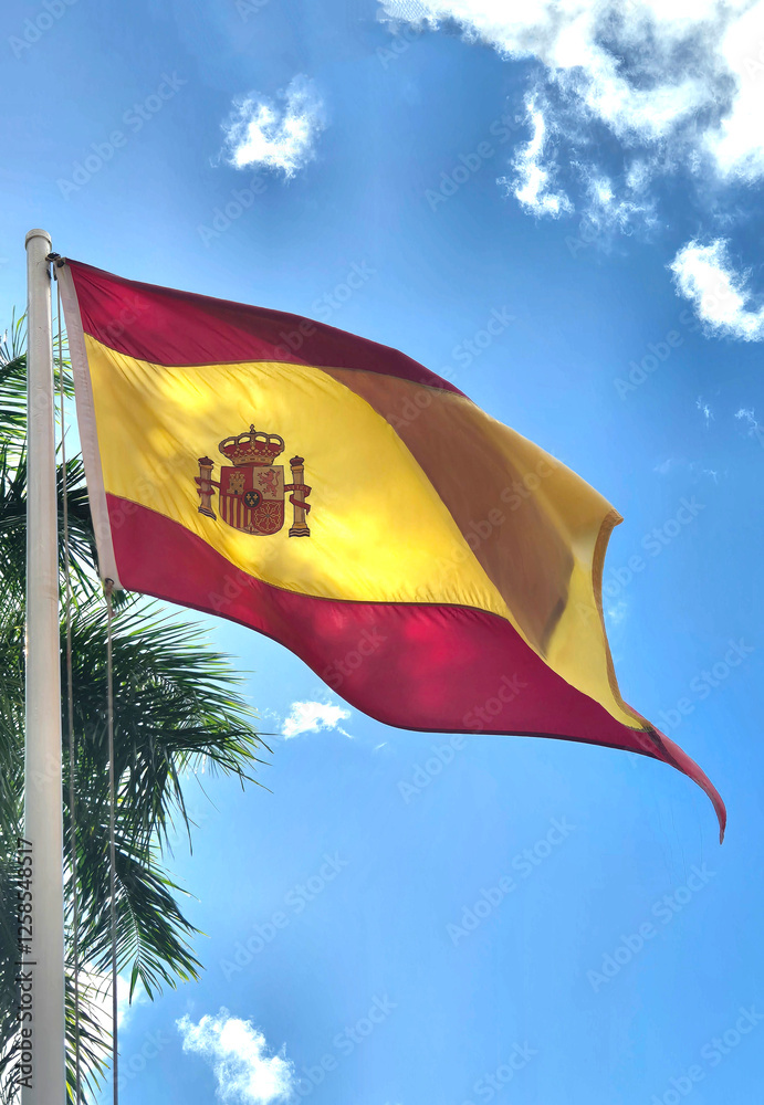 image of the Spanish flag waving in the blue sky