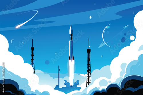Design a vibrant vector background showcasing the aerospace industry, featuring multiple rockets launching into a starry night sky.  Include futuristic elements.