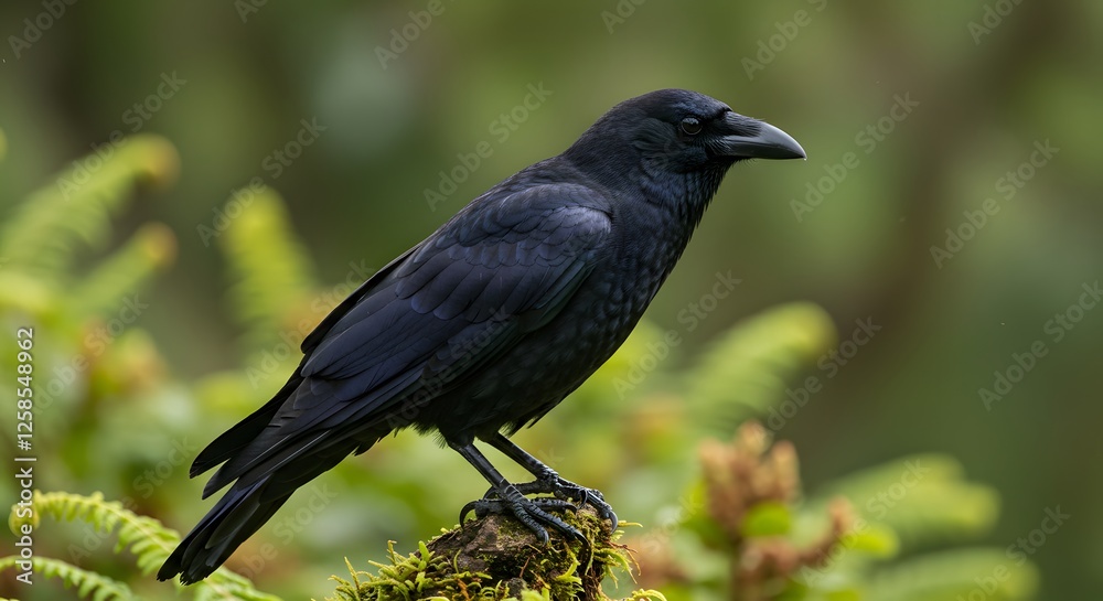 Obraz premium Crow Standing Perched on Mossy Branch in Natural Green Setting