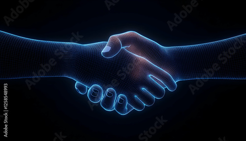 Hologram handshake for future tech agreements and collaboration. Digital deal concept