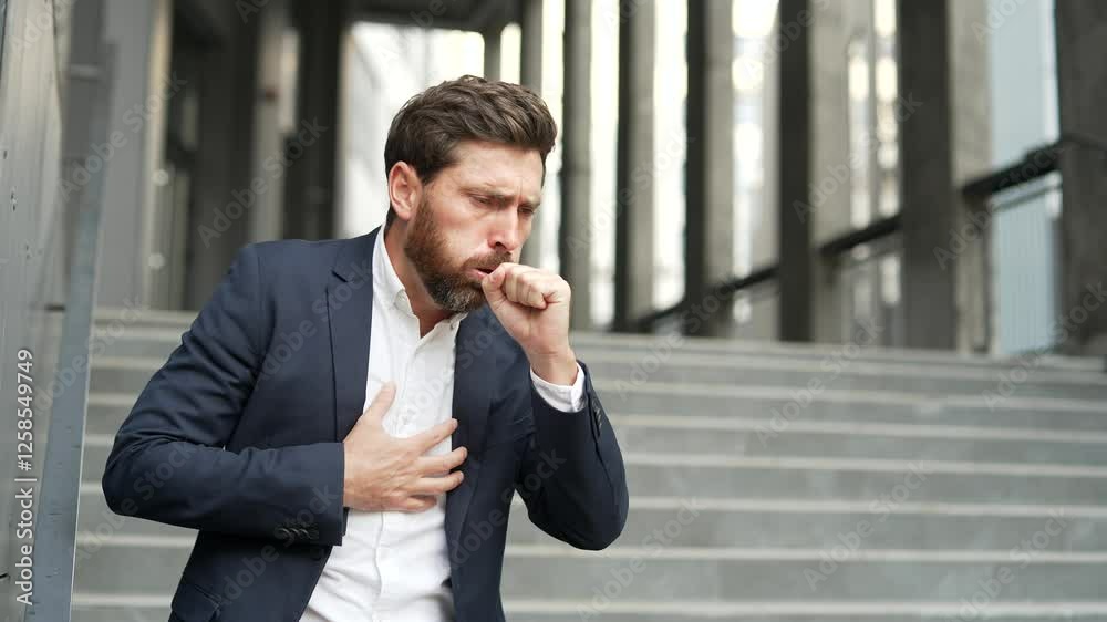 Sick businessman in formal suit coughing standing on street near modern office building. Upset unhealthy male entrepreneur with a cold or flu feels bad, holds his hand to his chest. He has bronchitis Sick businessman in formal suit coughing standing on street near modern office building. Upset unhealthy male entrepreneur with a cold or flu feels bad, holds his hand to his chest. He has bronchitis