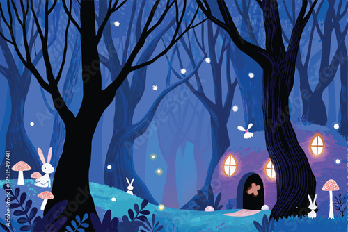 Enchanting dusk scene in a whimsical fairytale forest, glowing fireflies illuminating ancient trees, magical atmosphere.