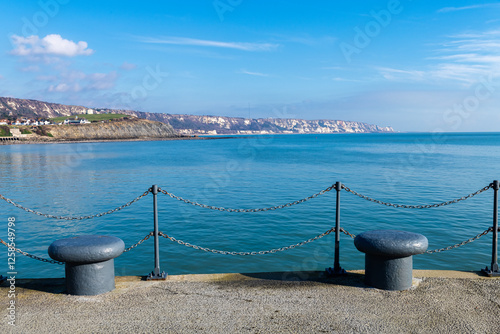 View from  the harbour towards Dover on a bright winters day in Folkestone, Kent, England