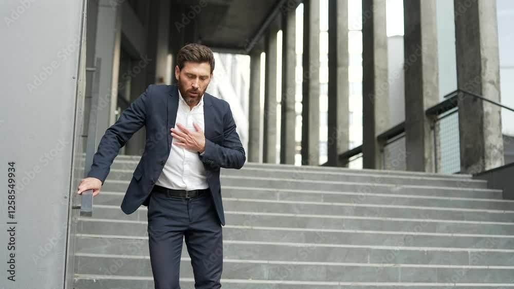 Businessman in formal suit has a heart attack walking on city stairs on the street near modern office building. Sick entrepreneur suffers from tension in the chest and holds a sore spot with his hands Businessman in formal suit has a heart attack walking on city stairs on the street near modern office building. Sick entrepreneur suffers from tension in the chest and holds a sore spot with his hands