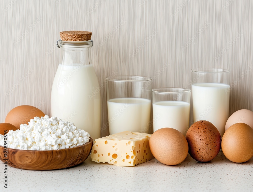 Fresh Dairy Products on a Simple Countertop Fresh Dairy Products on a Simple Countertop