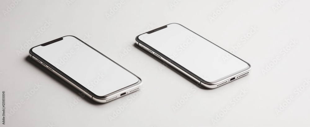 Two sleek smartphones positioned on a clean white background, featuring blank screens ideal for showcasing apps or designs in a modern, minimalist style. Two sleek smartphones positioned on a clean white background, featuring blank screens ideal for showcasing apps or designs in a modern, minimalist style.