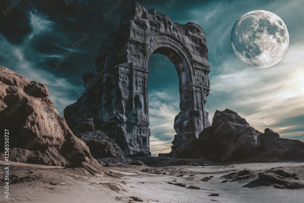Fototapeta premium A magnificent archway stands beneath a dreamy sky with a giant moon, creating a surreal and tranquil landscape. Nature's artistry.