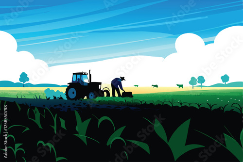 A hardworking farmer diligently cultivates a field of thriving crops, aided by a modern tractor, under a bright sun.
