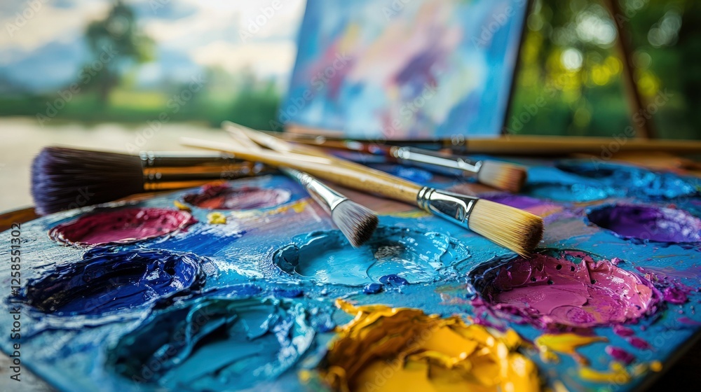 Fototapeta premium Vibrant paint palette with brushes, outdoor setting.