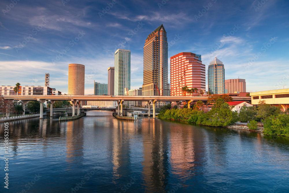 Tampa, Florida, USA. Aerial cityscape image of Tampa, Florida at beautiful sunset.