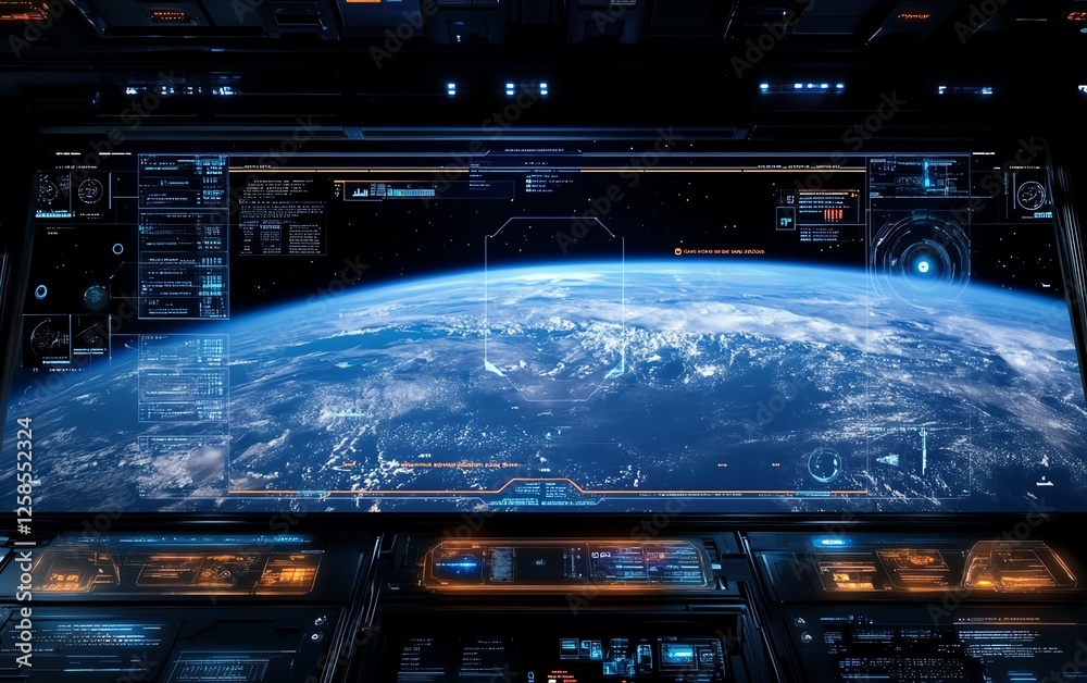 Obraz premium Digital hologram display of Earth from space, futuristic HUD interface, advanced technology design, glowing visual elements, AIgenerated spacethemed wallpaper