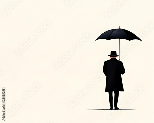 Man in coat and hat holds umbrella. Solitude in simple background. Concept art
