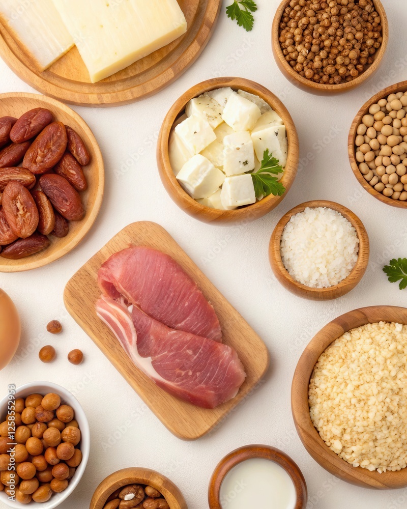 Fototapeta premium Assorted Ingredients for a Culinary Creation Featuring Meats, Cheeses, and Spices on a Table