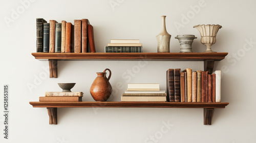 Fototapeta Naklejka Na Ścianę i Meble -  3d brown Floating shelves on a white wall background	