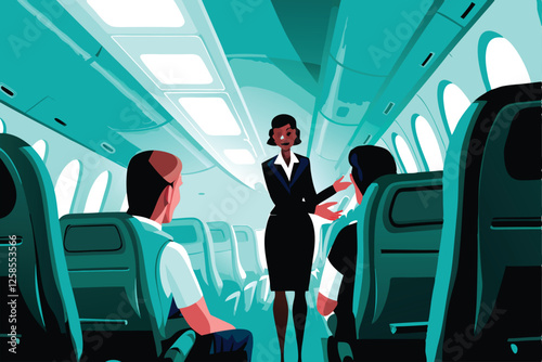 A friendly flight attendant in a crisp uniform assists a passenger in an airplane aisle, offering assistance with overhead luggage.