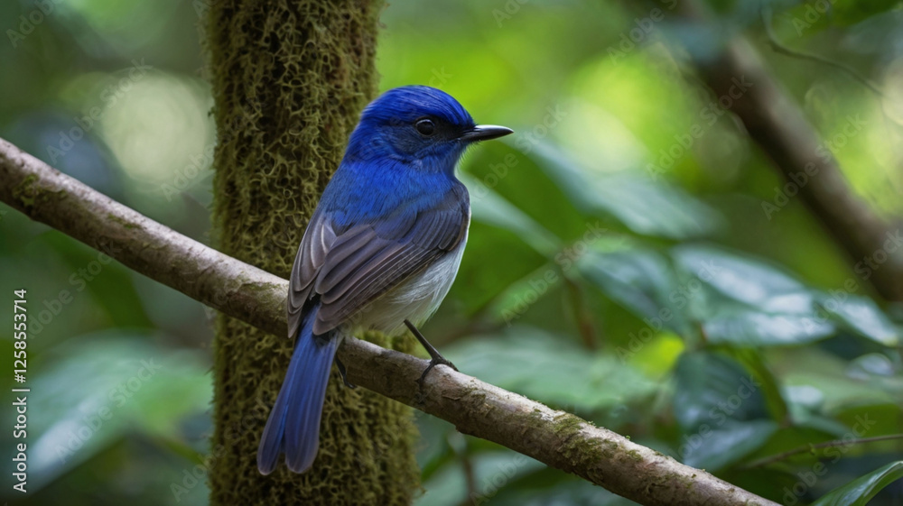 A stunning Hainan blue flycatcher perched on a slender branch in a lush, tropical forest. A stunning Hainan blue flycatcher perched on a slender branch in a lush, tropical forest.